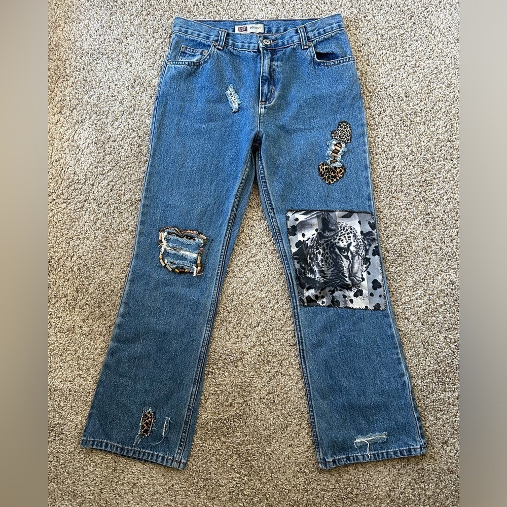 Y2K Faded Glory Stylish Blue Jeans Leopard Print Accents Beaded Size 12.5 Womens